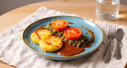 Kartoffelrösti an Pilzspinat